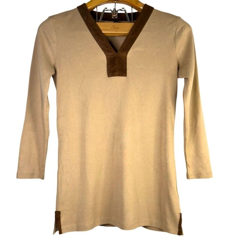 Lauren Ralph Lauren Tunic Sweater Knit Tan Brown V Neck Faux Suede Trim Sz: XS